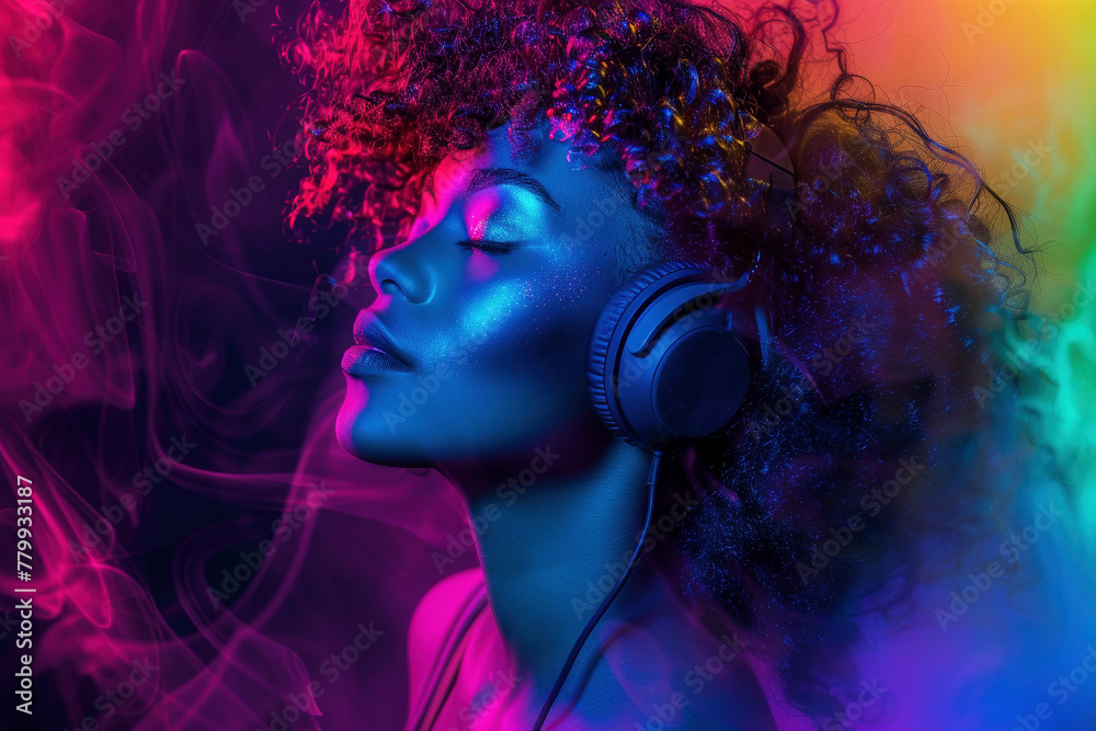 Radiant Woman with Headphones in Vivid Neon Colors