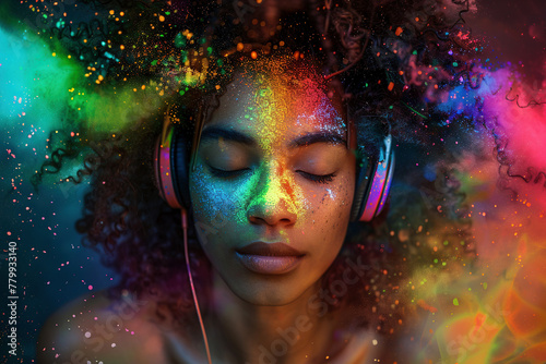 Serene Black Woman Enjoying Music with Colorful Art Concept