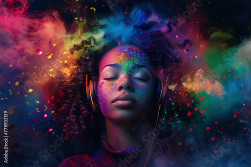Serene Woman Enjoying Music With Colorful Abstract Effects © swissa