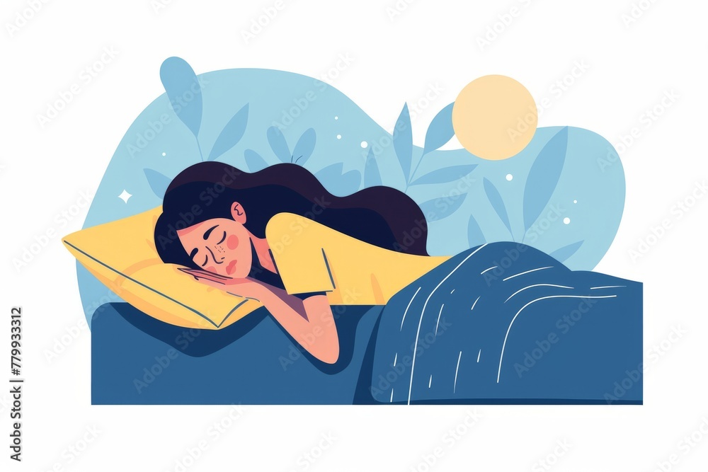 Woman is sleeping and lying in bed, flat illustration. Cartoon ...