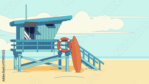 Beach background with lifeguard tower and surfboard. Flat design summer illustration