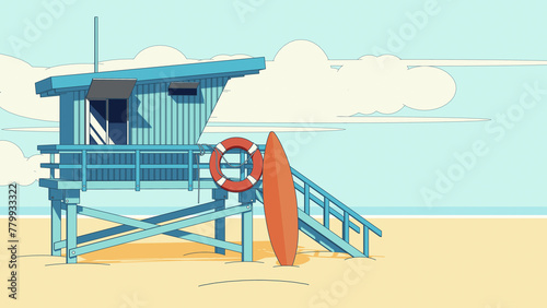 Photography Beach background with lifeguard tower and surfboard