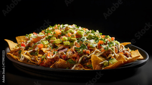Delicious Loaded Nachos with Fresh Toppings on Dark Background