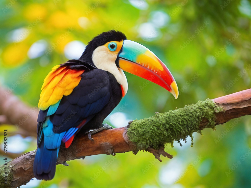 Multi colored toucan perched on branch Generated by AI. Multi colored toucan perched on branch Generated by AI.