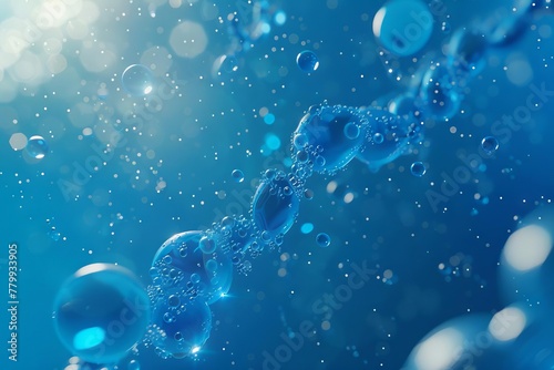 Microscopic view of blue molecule structures floating in liquid serum, DNA helix models, medical research background, 3D rendering