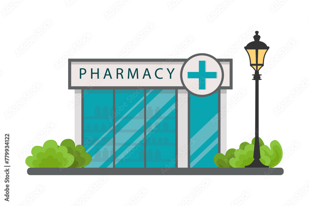 Pharmacy drugstore street shop facade. Flat style vector illustration