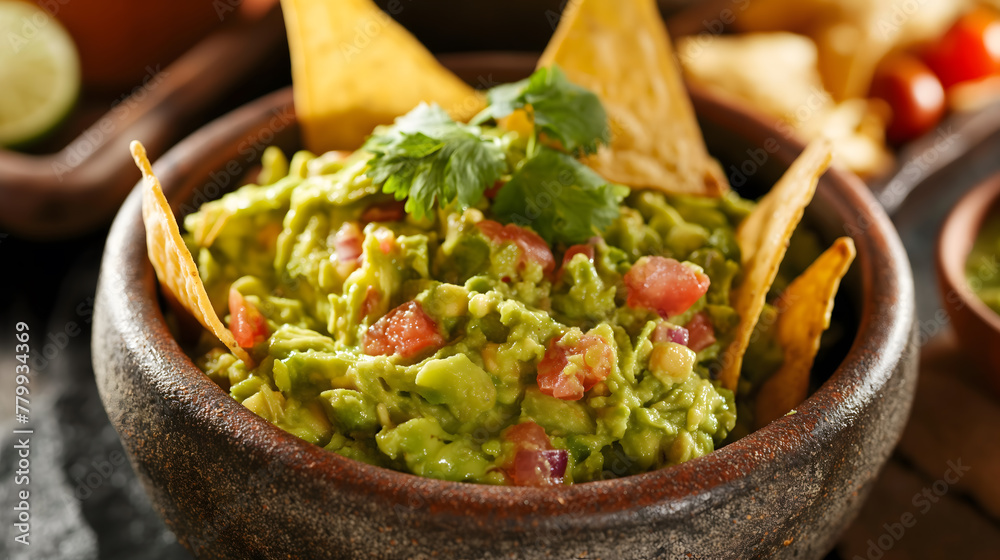 Traditional Mexican Guacamole in a Molcajete with Tortilla Chips