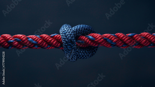Tight Knot on Red and Blue Rope Isolated on Dark Background