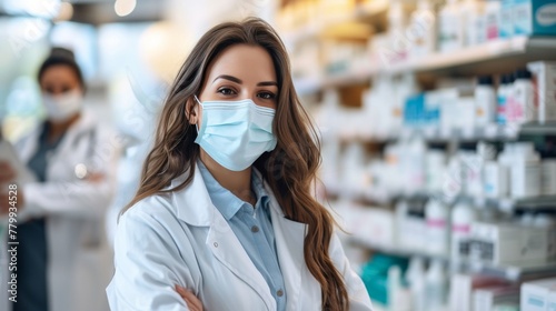 Portrait of a female smiling pharmacist with face mask in a drug store