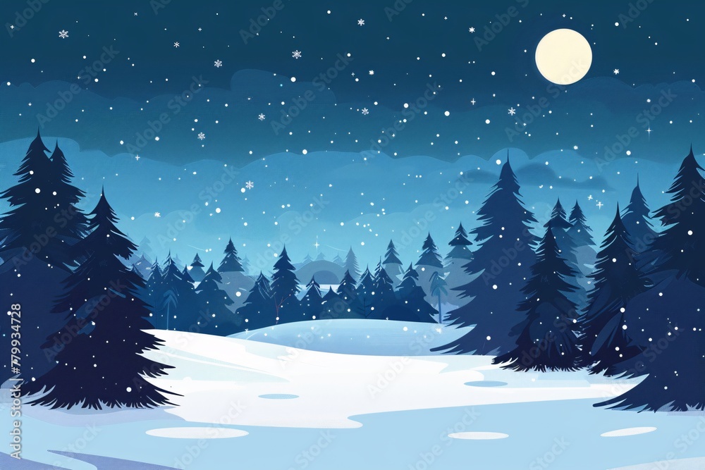 a snow covered ground with trees and a moon