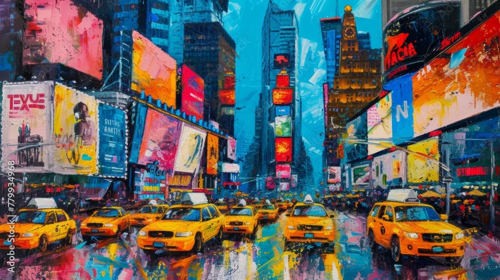 Oil painting of New York City street in rain