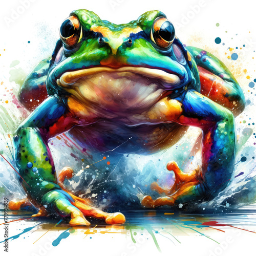 A frog in full roar, detailed with bright colors, charges towards the viewer in this dynamic watercolor painting, showcasing its impressive size and regal presence. photo