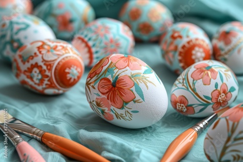 Hand sketched Happy Easter illustration. Easter eggs painting process. Hand drawn black lined easter eggs