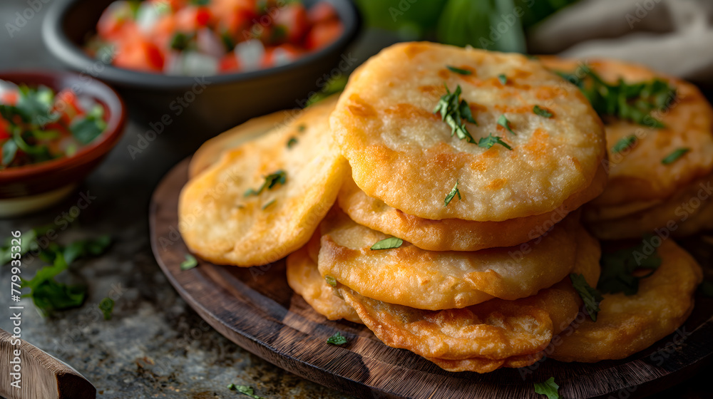 Delicious Golden Fried Cheese Arepas Served with Fresh Salad