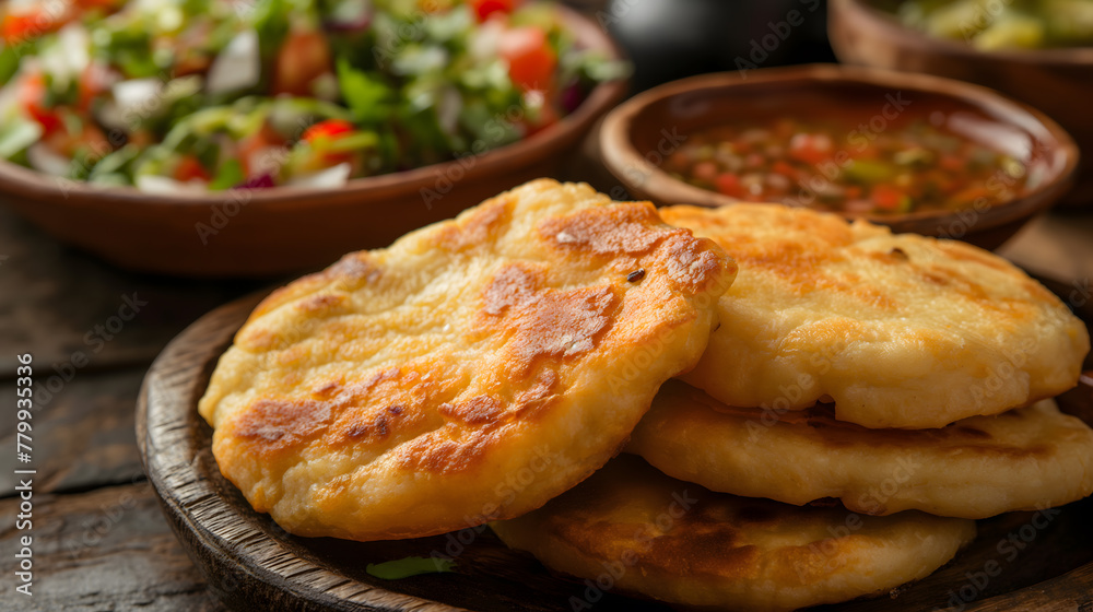 Delicious Golden Fried Cheese Arepas Served with Fresh Salad Delicious Golden Fried Cheese Arepas Served with Fresh Salad