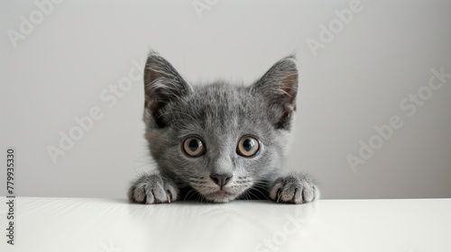 A shy gray Shorthair kitten peering timidly from behind a white table photo