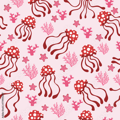 jellyfish seamless pattern in flat vector
