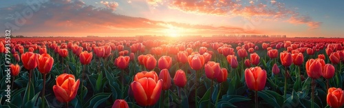 Blooming Tulip Field Panorama in Spring Sunlight #779935382