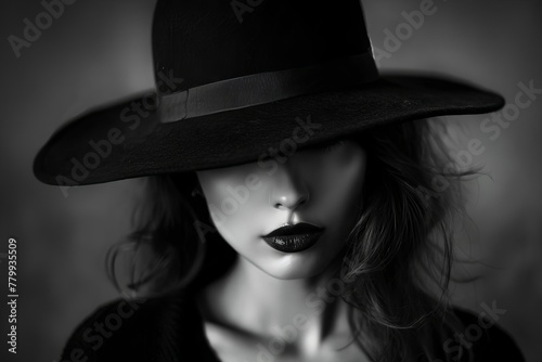 Mysterious vintage portrait of woman in black hat with dark moody lighting, black and white photo