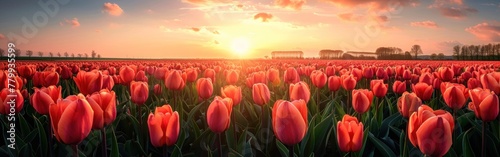 Blooming Tulip Field Panorama in Spring Sunlight