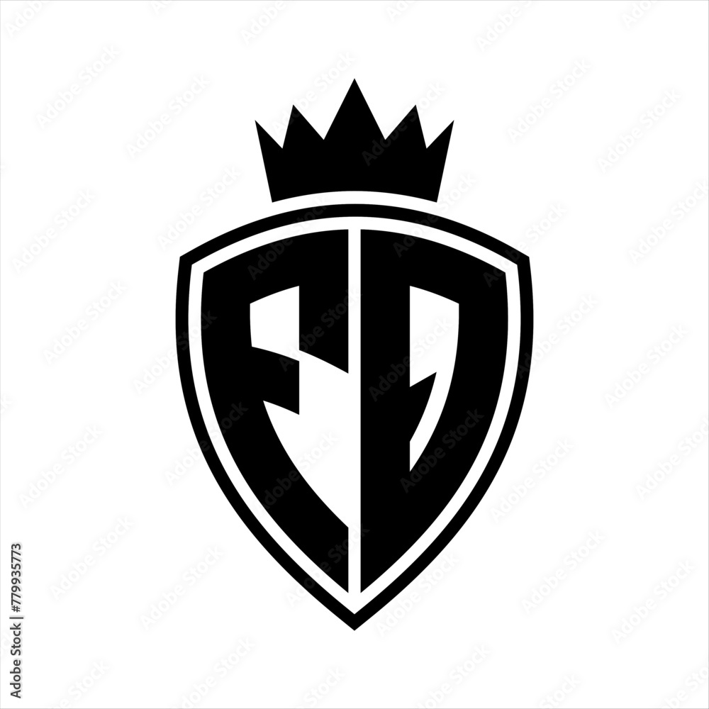 FQ Letter monogram shield and crown outline shape with black and white color design FQ Letter monogram shield and crown outline shape with black and white color design