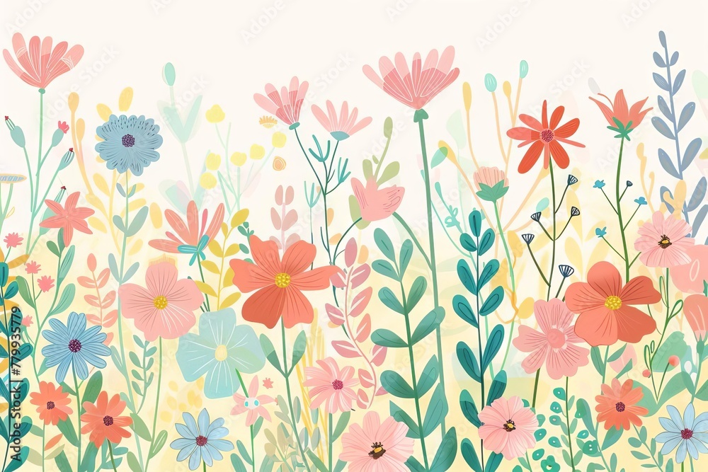 Pastel floral background celebrating Women's History Month, colorful spring flowers illustration