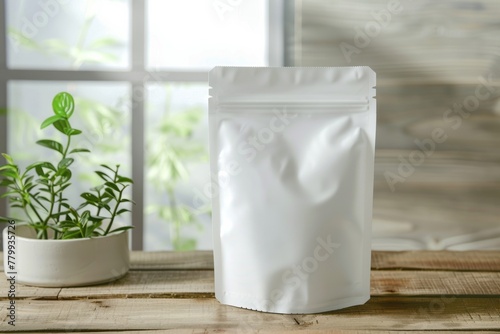 White packaging bag mockup, on a wooden table, top view with header seal
