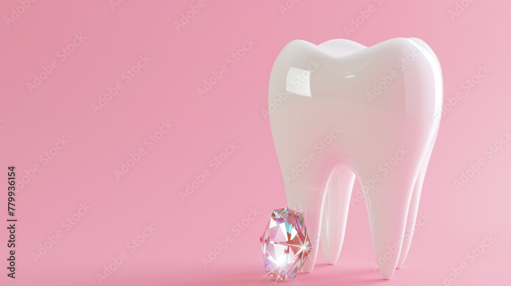 Fototapeta premium Model of a white human tooth, molar and jewelry made of small sparkling stones, diamond rhinestones pink background. Concept of dental care and health, dental decorations