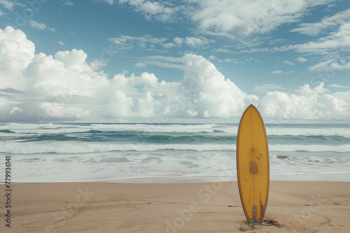 Surfboard on the beach, with the sea in the background.. Beautiful simple AI generated image in 4K, unique. © ArtSpree