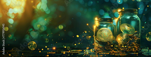 Bitcoin Investment Concept with Glass Jars and Golden Lights