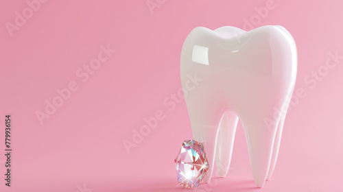 Model of a white human tooth, molar and jewelry made of small sparkling stones, diamond rhinestones pink background. Concept of dental care and health, dental decorations © ximich_natali
