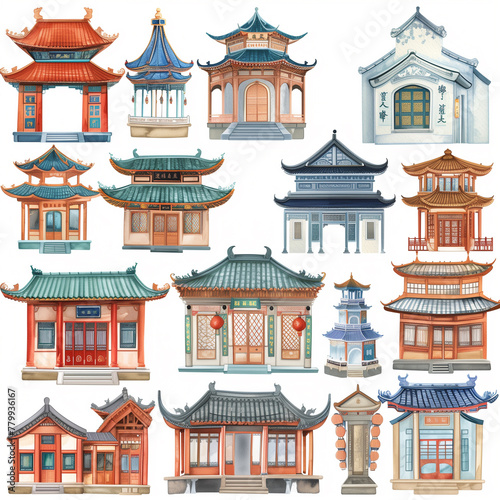Set of illustration featuring a various of Chinese house style on white background, Generative AI