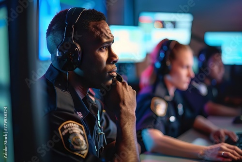 Police officers working in advanced 911 call center, emergency response concept photo