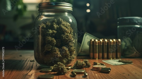 dried cannabis buds with gun bullet cash money on table photo