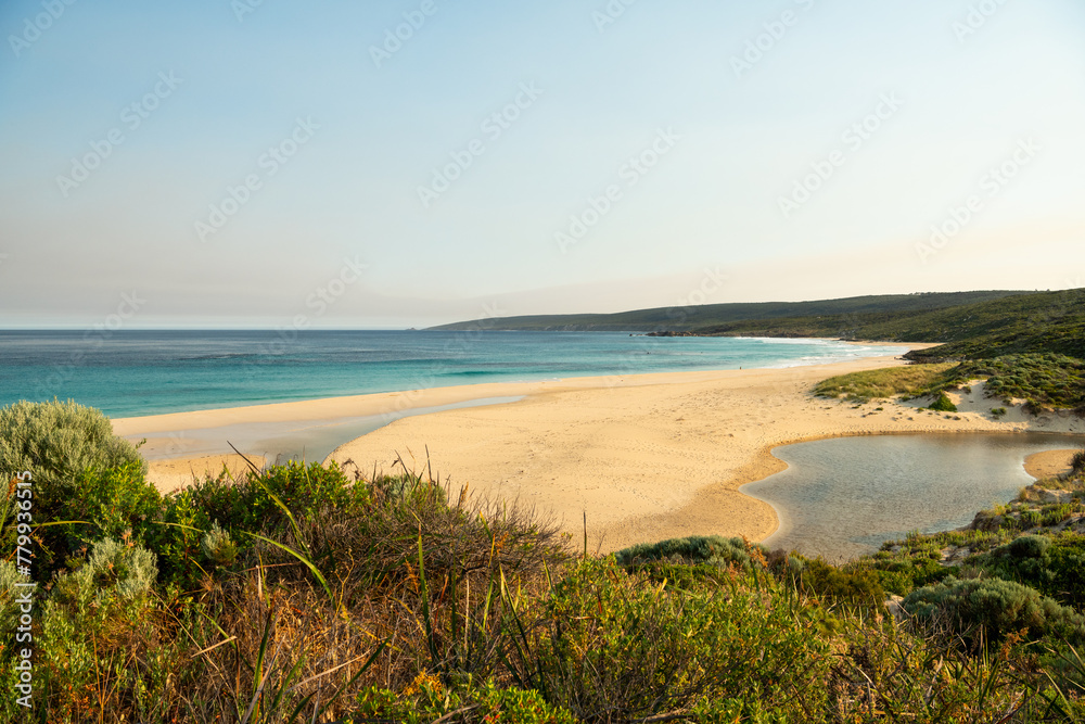 View of beach and ocean from top of sand dune View of beach and ocean from top of sand dune