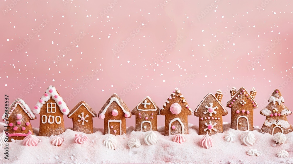 the season with a border of whimsical gingerbread houses against a sugary sweet pink backdrop.