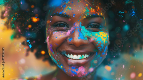 Cheerful african american woman at the festival of colors Holi