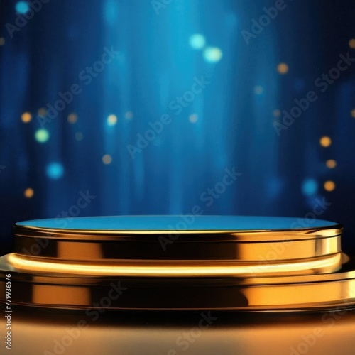 Golden Pedestal on a Dark Stage With Shimmering Blue Curtains and Bokeh Lights