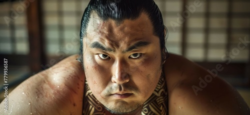 Portrait of sumo wrestler in dohyo looking at camera photo
