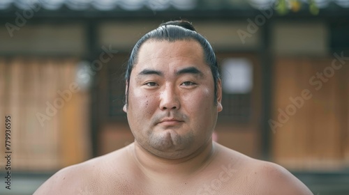 Portrait of sumo wrestler in dohyo looking at camera photo