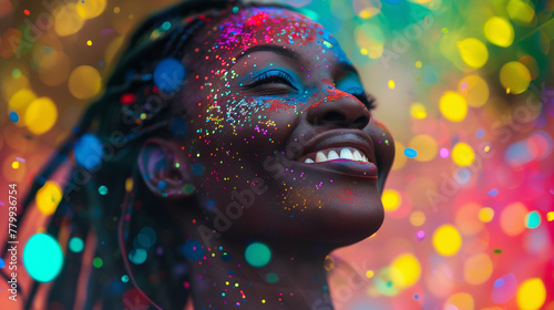 Cheerful african american woman at the festival of colors Holi