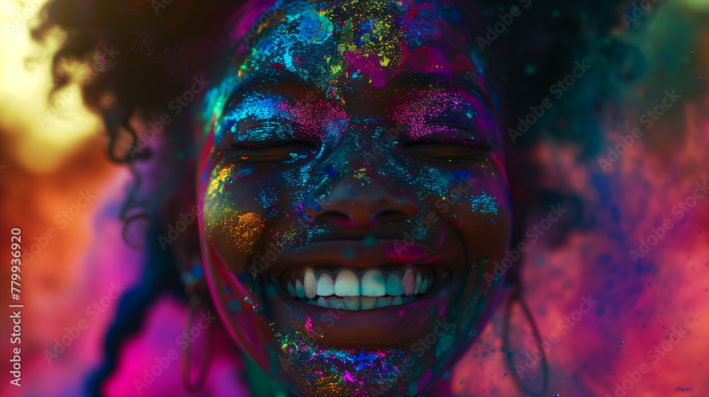 Cheerful african american woman at the festival of colors Holi