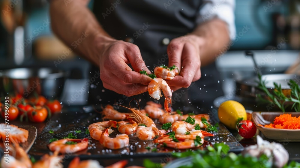 Seafood, Professional cook prepares shrimps with sprigg beans Cooking seafood, healthy vegetarian food and food on a dark background Horizontal view Eastern kitchen