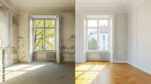 Renovated rooms with spacious windows and heating systems, both before and after the restoration process Examination of the differences between an old apartment and a newly renovated residence photo