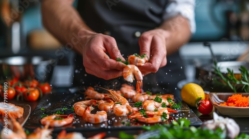 Seafood, Professional cook prepares shrimps with sprigg beans Cooking seafood, healthy vegetarian food and food on a dark background Horizontal view Eastern kitchen