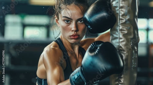 serious young female boxer in sports bra and boxing gloves practicing punches on heavy bag during functional training in gym
