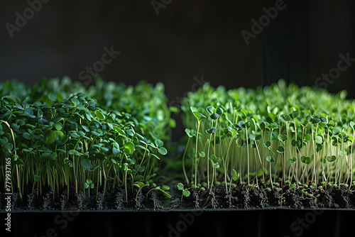 A vibrant array of microgreens thrive in a low-lit environment, showcasing the beauty of indoor gardening. © Alexandra