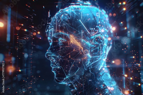 Holographic Ai in humanoid head. Conceptual image Artificial intelligence, Virtual reality, tech shapes, Head Up elements HUD. Biometric technology, Face recognition systems Ai. © NURULAINAA