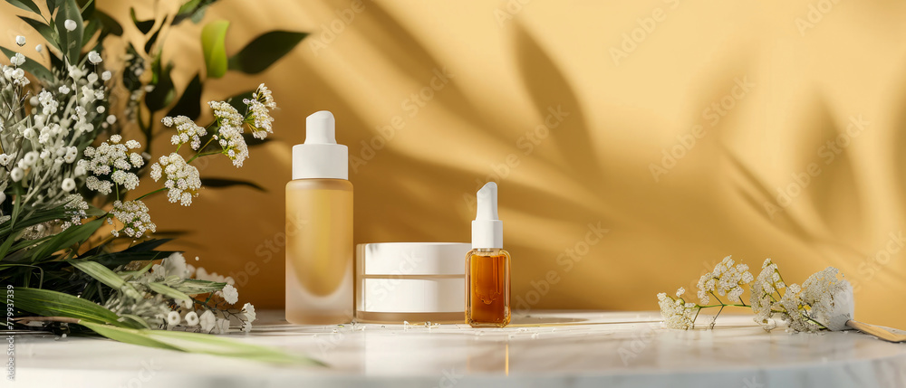 Showcase with cream jar, container, serum bottle, flowers in trendy pastel color. Shadows effect.Skin Care, makeup concept. Cosmetic product presentation. Generative ai Showcase with cream jar, container, serum bottle, flowers in trendy pastel color. Shadows effect.Skin Care, makeup concept. Cosmetic product presentation. Generative ai
