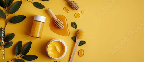 Flat lay composition with jar of honey, decoration for spa, sauna, wellness, massage. Cozy natural mockup for relax, chill leisure. Cosmetology, beauty treatment concept. Top view. Generative ai